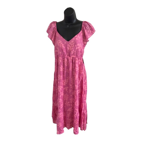 Pink floral motif flutter sleeve v-neck fit and flare maternity dress size large - Picture 1 of 13